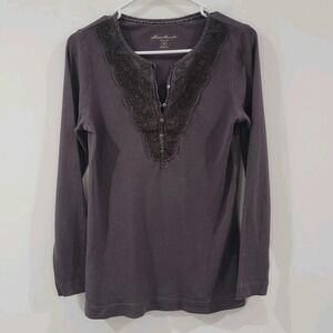 Y2K Vintage Eddie Bauer Womens Top Medium Henley Lace Elana Bella Waffle Thermal